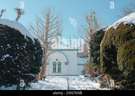 Winter der orthodoxen Kirche Motomachi Hakodate in Hokkaido, Japan Stockfoto