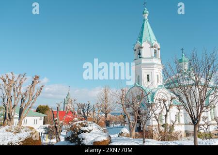 Winter der orthodoxen Kirche Motomachi Hakodate in Hokkaido, Japan Stockfoto