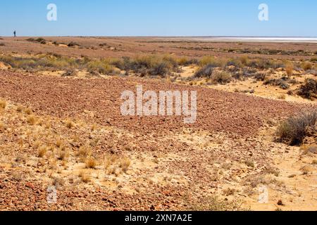 Person in einem Roadise-Auszug neben Lake Eyre South Stockfoto