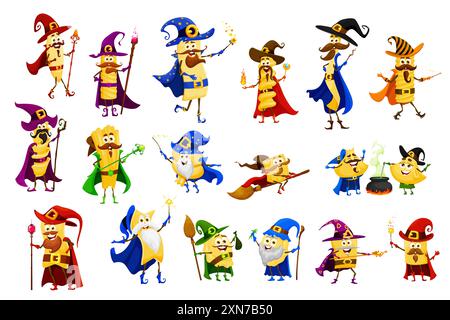 Cartoon Halloween Pasta Zauberer und Hexen, Zauberer und Magier Charaktere. Italienische Küche Speisen Vektor Persönlichkeiten. Süße Makkaroni mit Zauberhut, Zauberstab, Ma Stock Vektor