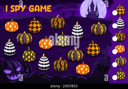 Ich spioniere Spiel, Halloween-Kürbisse auf dem Friedhof mit gruseliger Burg und Mond. Vektor-Kinder-Arbeitsblatt mit Zählspiel, übereinstimmendes Quiz-Puzzle mit Hall Stock Vektor