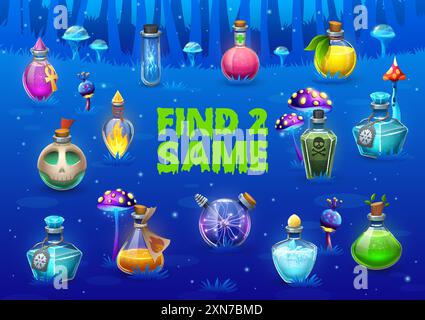Finde zwei gleiche Halloween Zaubertrank Flaschen Kinder Spiel Arbeitsblatt auf Märchenwald Vektor Hintergrund. Passendes Rätselquiz zum Halloween Hexentrank Stock Vektor
