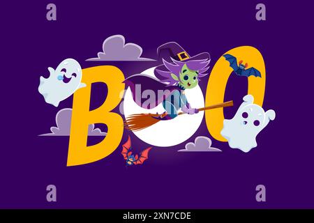 Boo Halloween-Banner mit süßer, lustiger Hexe, die auf dem Besen fliegt. Vektor Halloween Horror Feiertagskarte mit Zeichentrickhexe, Geistern und Fledermausfiguren auf der Mitte Stock Vektor