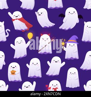 Halloween Kawaii Geisterfiguren nahtloses Muster. Halloween Saison Stoffdruck, Herbst Urlaub Verpackung Papier Vektor Muster mit Geister kawaii per Stock Vektor
