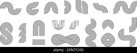 Geometrischer Formsatz aus schwarzem Boho. Mid-Century-Kollektion mit Kurven, Wellen und Bögen. Dekorative Linienelemente für Grafikvorlage, Poster, Banner, Cover, Faltblatt. Vektorwellenförmige lineare Objekte Stock Vektor