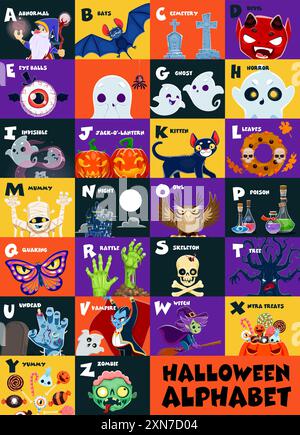 Halloween-Alphabet, Feiertags-abc, Kinderart. Vektor-Großbuchstaben mit lustigen gruseligen Monster-Charakteren. Zombie, Geister, Hexe, Zauberer und b Stock Vektor