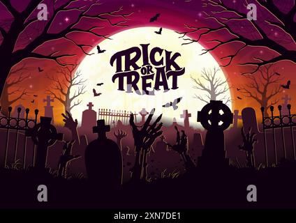Halloween Friedhof Landschaft mit Zombie Hände und Grabsteinen, Vektor Hintergrund. Halloween-Feiertagsbanner mit Mitternachtsmond und Stock Vektor