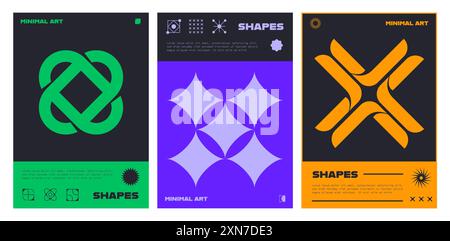 Abstrakte, brutale y2k-Poster mit grafischen Formen und Mustern, brutalistischer Stil. Vektorvorlagen mit minimalistischem Design, violett, orange oder grün Stock Vektor