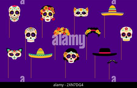 Mexikanische Dead Day Fotokabine Masken mit Requisiten. Dia de los muertos Urlaub Set aus Schädeln, Sombrero, Blumenkranz, Schnurrbärten und Katzen. Vektor-Spooky sm Stock Vektor