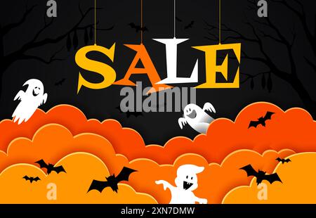 Halloween Papier geschnitten Verkauf Banner mit Wolken und gruseligen Geistern, Cartoon Vektor Hintergrund. Werbebanner für Halloween-Feiertage und Rabatte mit Spaß Stock Vektor