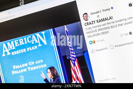 Poltava. Ukraine. 30. Juli 2024 Ukraine. Donald Trump Facebook-Profilfoto und sein Beitrag über Kamala Harris. Facebook-Seite Donald Trump auf Laptop sc Stockfoto