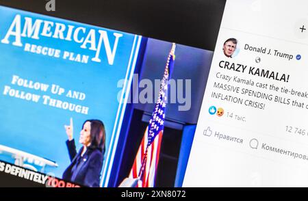 Poltava. Ukraine. 30. Juli 2024 Ukraine. Donald Trump Facebook-Profilfoto und sein Beitrag über Kamala Harris. Facebook-Seite Donald Trump auf Laptop sc Stockfoto