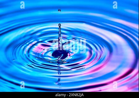 Ein Wassertropfen, der ins Wasser fällt und Wellen erzeugt Stockfoto