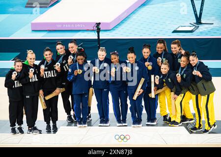 Italien Silbermedaille, USA Goldmedaille, Brasilien Bronzemedaille, Kunstturnen, Women's Team Final während der Olympischen Spiele Paris 2024 am 30. Juli 2024 in der Bercy Arena in Paris, Frankreich - Foto Baptiste Autissier / Panorama / DPPI Media Stockfoto