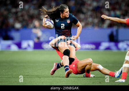 Saint Denis, Frankreich. 30. Juli 2024. Ilona Maher aus den USA während des Sieben Rugby der Frauen, Tag 3 - Olympischen Spiele 2024 in Paris am 30. Juli 2024 in Saint Denis, Frankreich. Foto: Julien Poupart/ABACAPRESS. COM Credit: Abaca Press/Alamy Live News Stockfoto