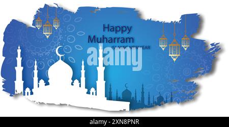 Vektor-Illustration Poster des glücklichen muharrams mit Moschee, Laterne auf blauem Hintergrund. Alles Gute, muharram Stock Vektor