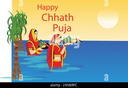 Vektor-Illustration Poster des glücklichen chhath Puja-Bildes, schöne indische Damen tun Gebet und bieten Wasser Arghya, Früchte zum Sonnengott auf Sonnenaufgang und Stock Vektor