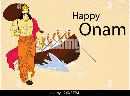 Vektor-Illustration Poster des Happy Onam Festivals mit kerala Schlangenboot Rennen und König Mahabali. Stock Vektor