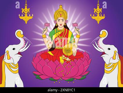 Vektor-Illustration von Happy diwali, Wohlstandsgöttin mahalakshmi, die auf einem Lotus sitzt und goldene Münzen auf violettem Hintergrund duscht. Stock Vektor
