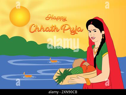 Vektor-Illustration Poster des glücklichen chhath Puja Festivals, schöne indische Dame tut Gebet und bietet Wasser Arghya, Früchte zum Sonnengott auf Sonnenaufgang A Stock Vektor