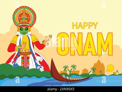 Vektor-Illustration Poster des „Happy onam“ Festivals mit kerala Schlangenboot Rennen und kathakali Tänzer. Stock Vektor