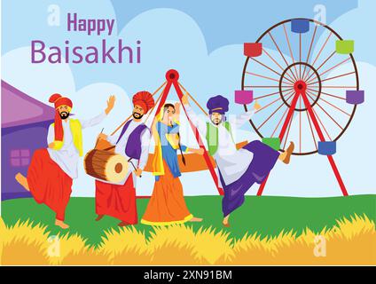 Vektor-Illustration Poster von glücklichen Vaisakhi-Leuten, die tanzen und das Festival genießen. Stock Vektor