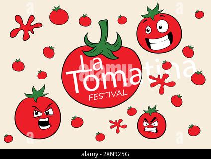 Vektorillustration des tomatina-Festivals mit Tomaten in unterschiedlichem Ausdruck. Stock Vektor