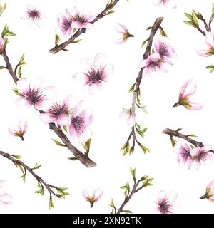 Mandelblüten-Baumzweig. Frühlingsblätter, Knospen und blühende Blumen. Aquarell nahtloses Muster handgezeichnete Illustration. Blühender Apfel oder Kirsche Stockfoto
