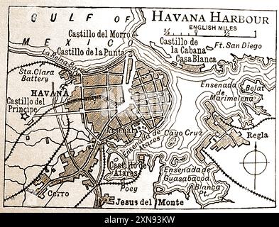 Eine Karte aus dem 19. Jahrhundert von Havanna und seinem Hafen, Kuba, mit Entfernungen in englischer Meilen. - Mapa del siglo XIX de La Habana y su puerto, Kuba, en el que se indican las distancias en millas inglesas. - Stockfoto