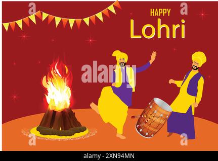 Vektor-Illustration Poster von Happy lohri Festival Bild von punjab indien. punjabi machen Bhangra-Tanz mit Musikinstrumenten vor Bonfir Stock Vektor