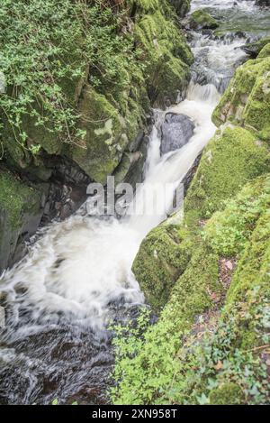 Gebrochenes Wasser in der Gegend entlang des Weges, der zum Ceunant Mawr Wasserfall in Llanberis, Gwynedd, Nordwales führt Stockfoto