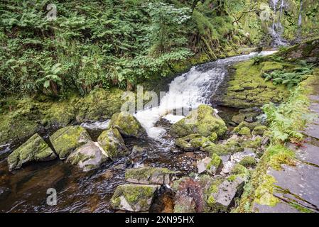 Gebrochenes Wasser in der Gegend entlang des Weges, der zum Ceunant Mawr Wasserfall in Llanberis, Gwynedd, Nordwales führt Stockfoto