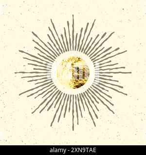 Vintage Grunge Sunburst Sonnenstrahlen. Goldfolie, glänzende handgemachte Kreise. Goldene, glitzernde Textur, Muster. Handgezeichnet, platzende Sonne, Lichtstrahlen Stock Vektor