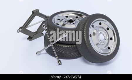 Autoreifen, Wagenheber und Radschlüssel isoliert auf blauem Hintergrund. 3D-Abbildung. Stockfoto