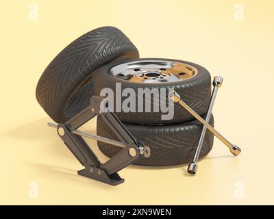 Autoreifen, Wagenheber und Radschlüssel isoliert auf gelbem Hintergrund. 3D-Abbildung. Stockfoto