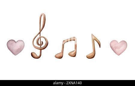 Aquarellset mit braunen Musiknoten und Höhen-Schlüssel. Musikalische Welle und rosa violette Herzen. Handzeichnung Illustration auf isoliertem weißen Hintergrund. Stockfoto