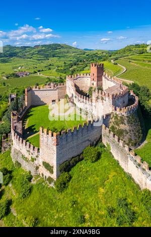 Luftaufnahme der Burg Scaligero von Soave im Sommer. Verona District, Veneto, Italien, Europa. Stockfoto