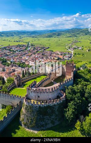 Luftaufnahme der Burg Scaligero von Soave im Sommer. Verona District, Veneto, Italien, Europa. Stockfoto