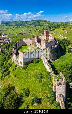 Luftaufnahme der Burg Scaligero von Soave im Sommer. Verona District, Veneto, Italien, Europa. Stockfoto