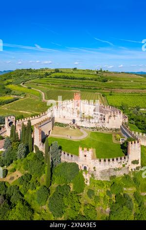 Luftaufnahme der Burg Scaligero von Soave im Sommer. Verona District, Veneto, Italien, Europa. Stockfoto