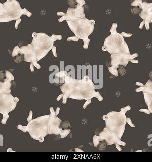 Nahtloses Muster von Tierhunden und Pfoten für Kinder. Handgezeichnete Illustration eines Mops, der auf isoliertem Hintergrund läuft oder springt. Minimalistisch Skandinavisch Stockfoto