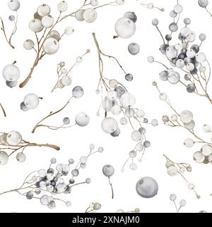 Mistelzweige mit nahtlosem Muster in Aquarellfarben. Weihnachtspflanzen im Hintergrund. Winterschneebeeren von Heidelbeeren, Hucklebeeren auf weißem Hintergrund. Stockfoto