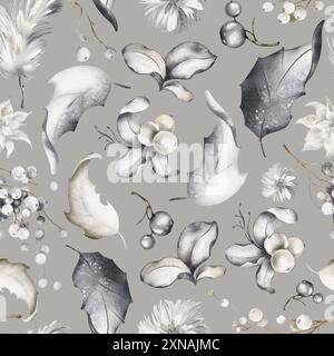 Nahtloses Muster mit weihnachtlichen Aquarellen. Botanische Winterzeichnung von Beeren, Blättern, schneebedeckten Pflanzen auf grauem Hintergrund. Festliches Silvester-Design. Stockfoto