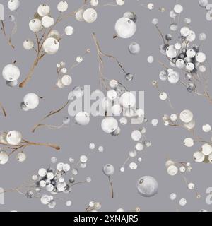 Mistelzweige mit nahtlosem Muster in Aquarellfarben. Weihnachtspflanzen im Hintergrund. Winterschneebeeren von Heidelbeeren, Hucklebeeren auf weißem Hintergrund. Stockfoto