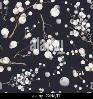 Mistelzweige mit nahtlosem Muster in Aquarellfarben. Weihnachtspflanzen im Hintergrund. Winterschneebeeren von Heidelbeeren, Hucklebeeren auf weißem Hintergrund. Stockfoto