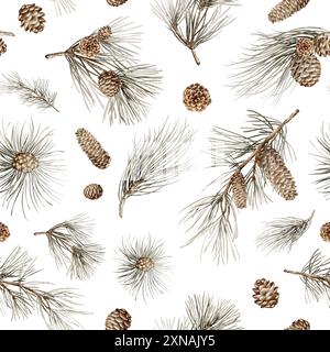 Nahtloser Weihnachtshintergrund. Aquarellmuster mit Tannenzweigen und Tannenzapfen für die Weihnachtsverpackung. Naturdesign. Botanisches Immergrün im Winter Stockfoto