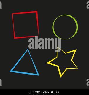 Symbole für geometrische Formen. Farbenfrohe Konturen auf Schwarz. Einfaches Vektordesign. Vier Formsymbole. Stock Vektor