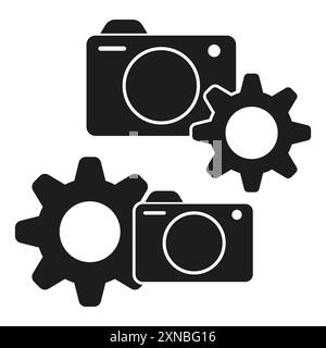 Symbole Für Kameraausrüstung. Vektorfotografie-Tools. Minimalistisches Gerätedesign. Kamera mit Zahnradsymbol. Stock Vektor