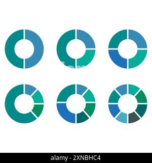 Bunte Kreisdiagrammsymbole. Sechs kreisförmige Designs. Blau und grün. Vektorsymbole. Stock Vektor