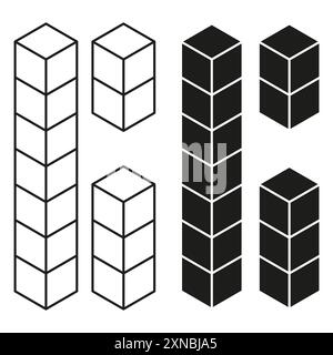 Geometrische gestapelte Würfel. Isometrische Vektorformen. Schwarz-weiß. Abstrakte 3D-Konstruktion. Stock Vektor